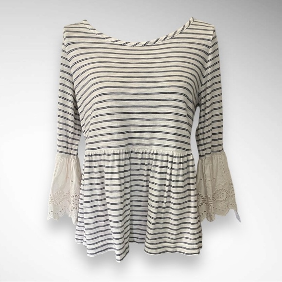Caslon Tops - CASLON White Navy Stripe 3/4 Sleeves Peplum Top‎ with Lace Detail | EUC